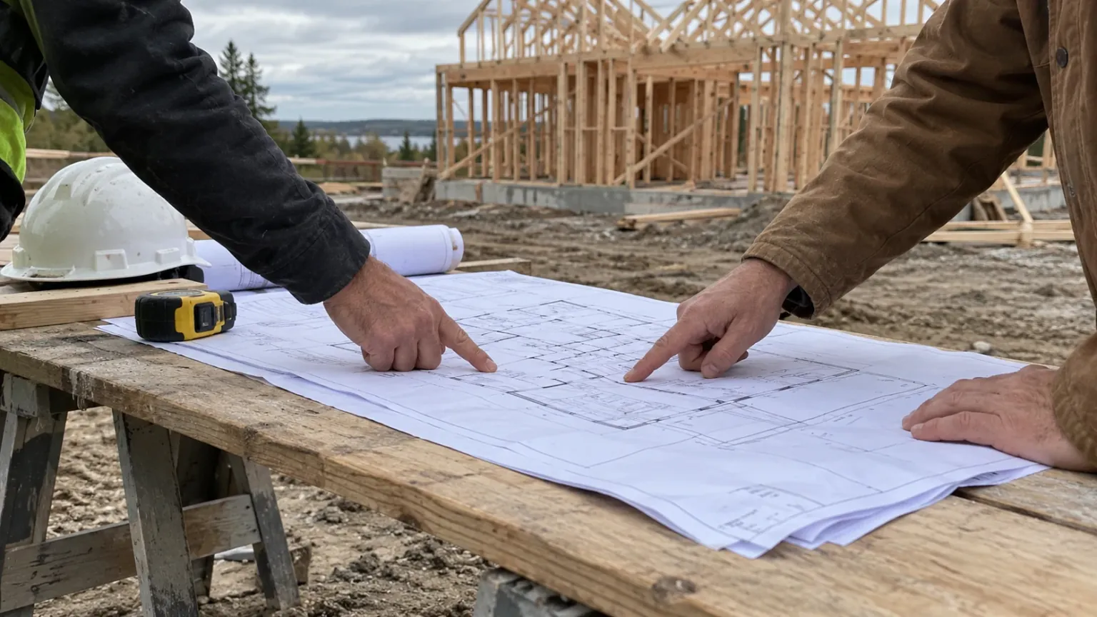 Hands pointing at house plans spread on a site table