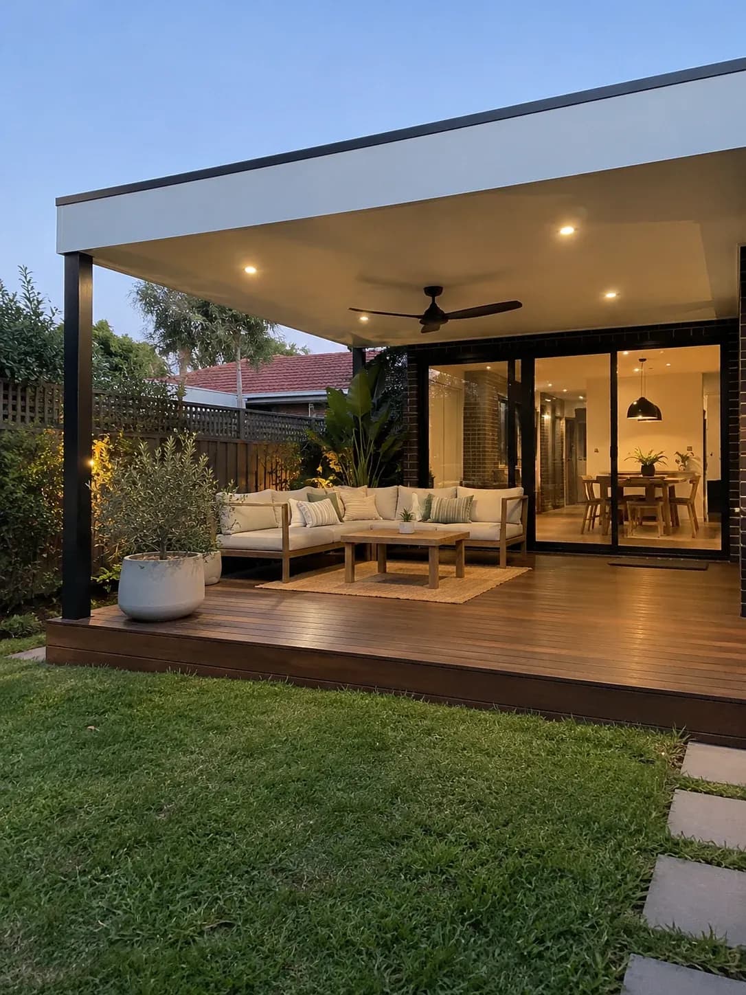 Covered alfresco with a flat roof, ceiling fan and downlights over a deck
