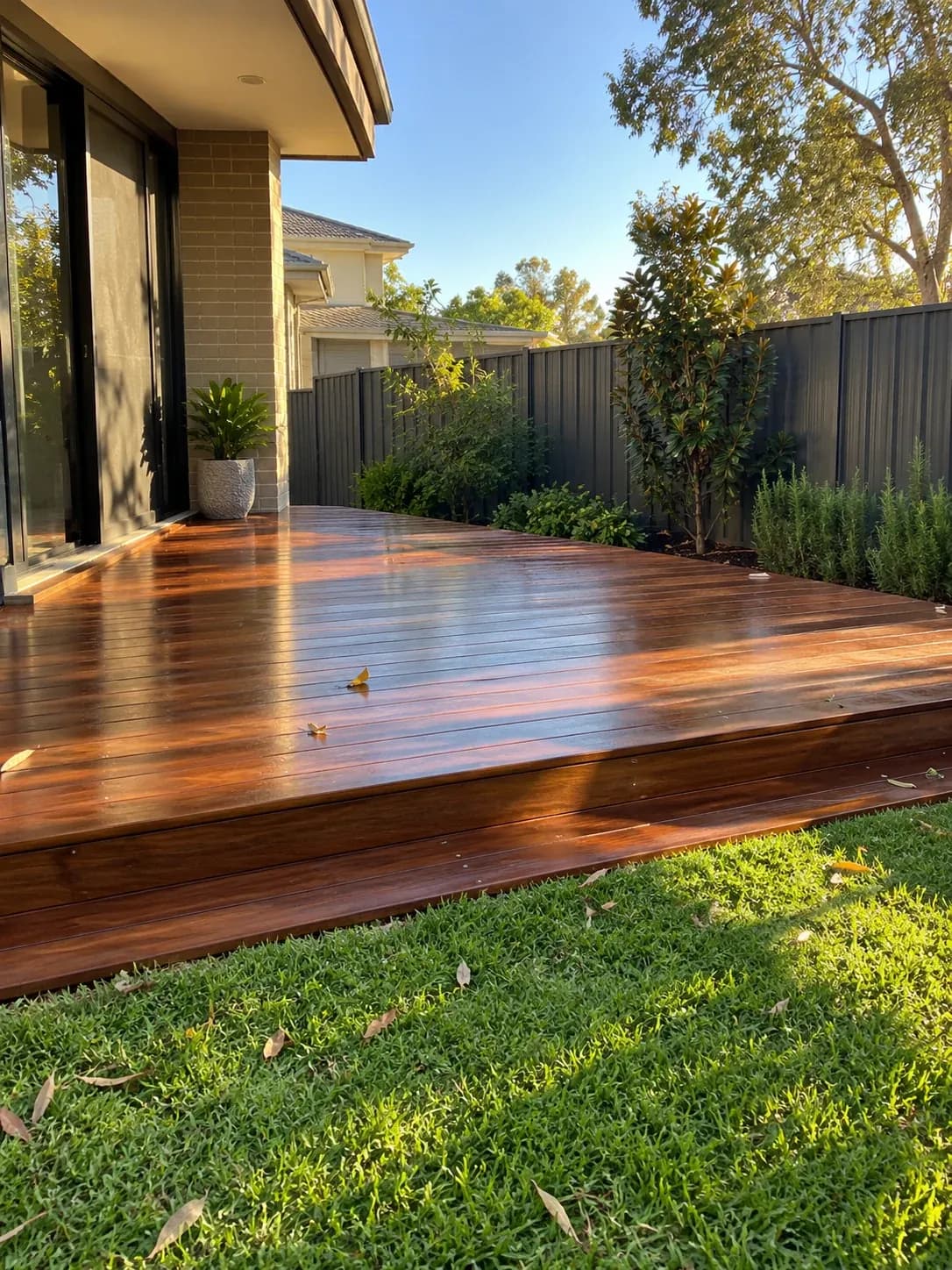 Freshly oiled merbau deck with a step down to the lawn