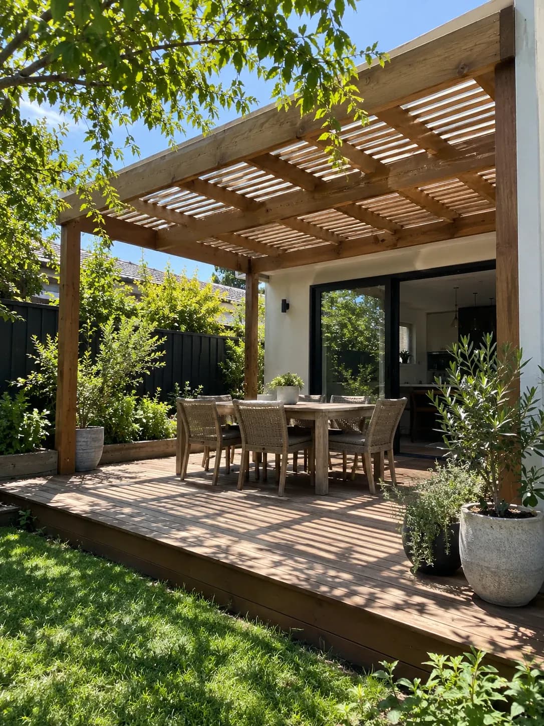Timber pergola over a deck with an outdoor table