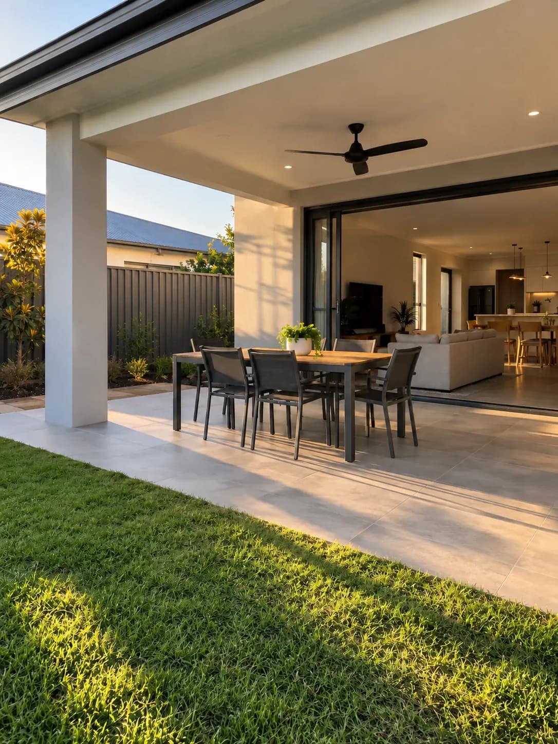 Covered alfresco area at the back of a new home opening onto a small lawn