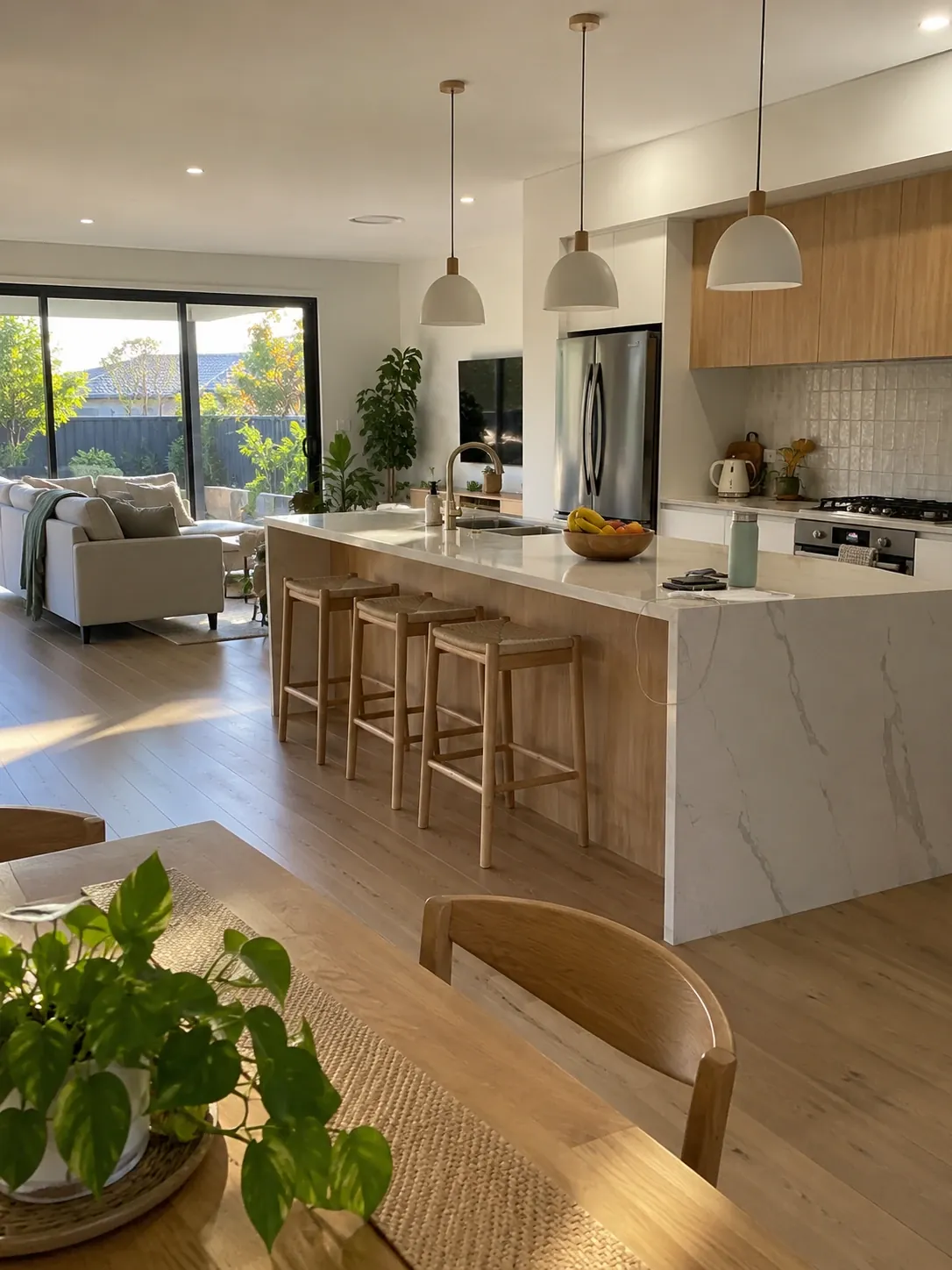Open-plan kitchen and living area in a newly built home with stone island bench