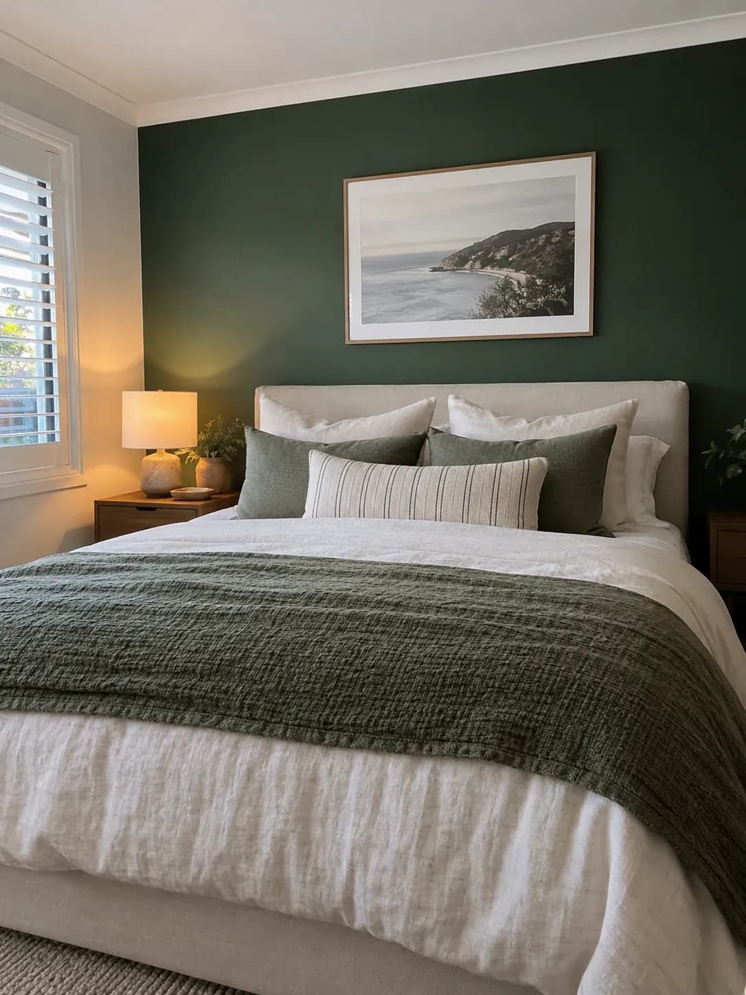 Dark green feature wall in a bedroom with white trims