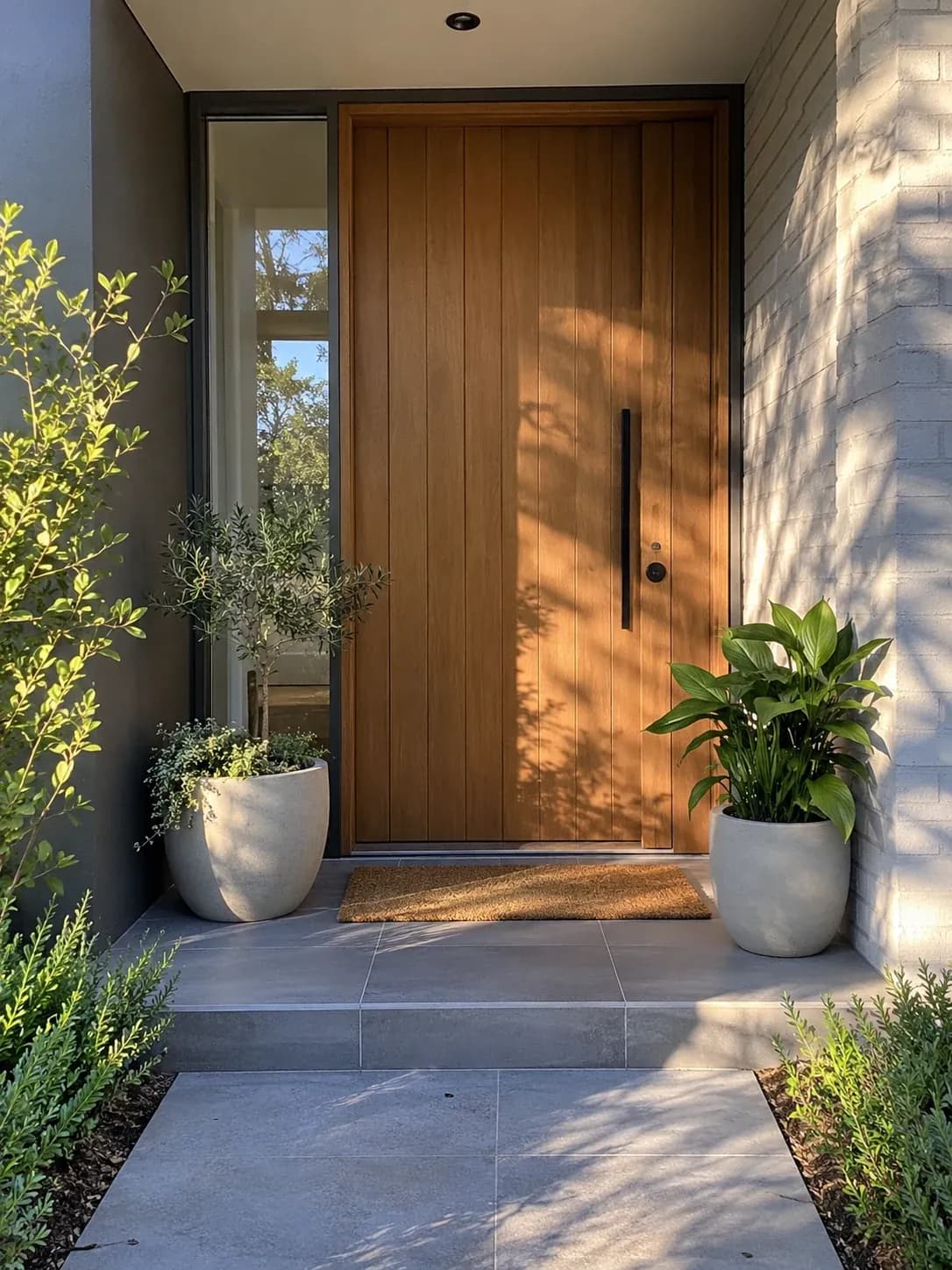 East-facing front entrance with a timber door and threshold