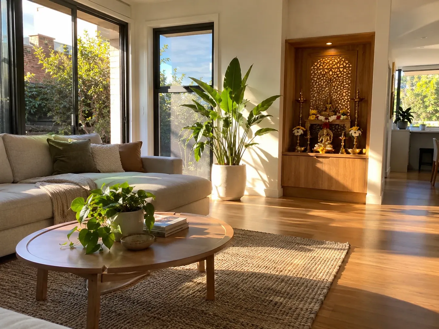 Bright north-east facing living area with a small pooja room alcove