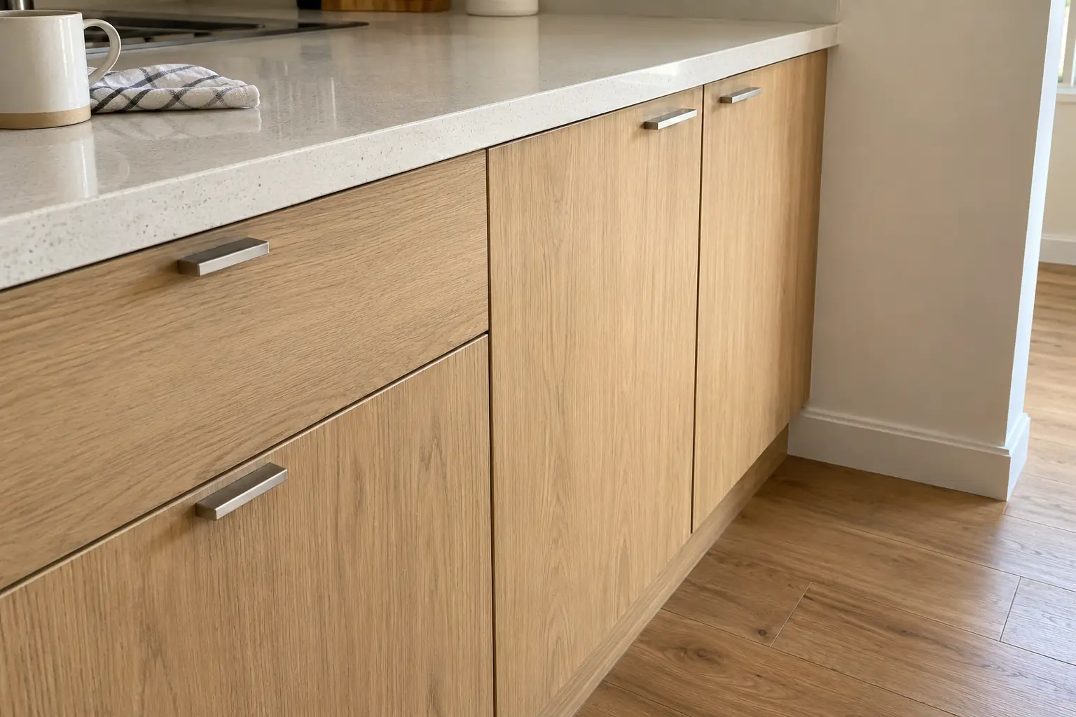 AI-generated design inspiration: oak cabinet fronts and a pale kitchen benchtop.