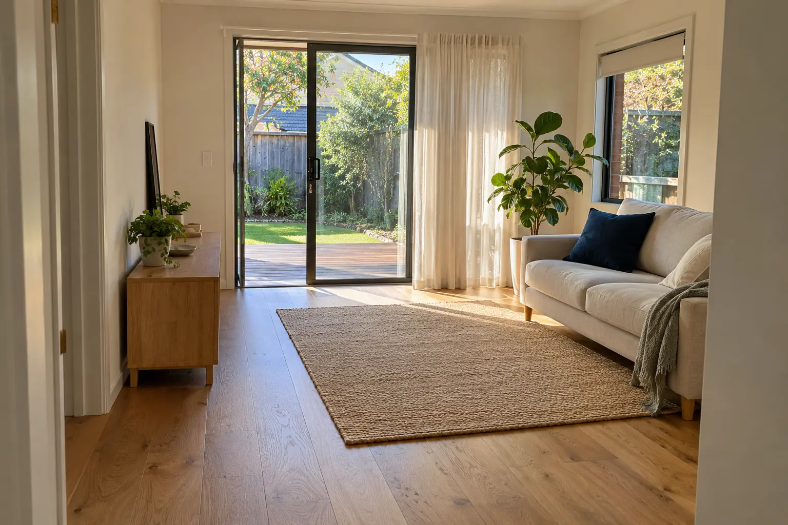AI-generated design inspiration: a naturally lit living room with an open circulation path.