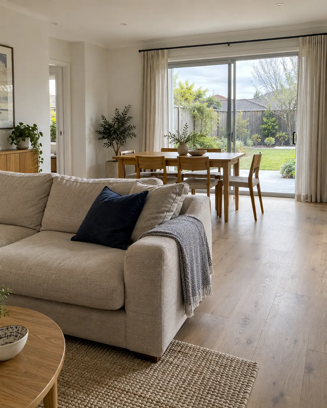 AI-generated design inspiration: a naturally lit living and dining room with oak flooring.