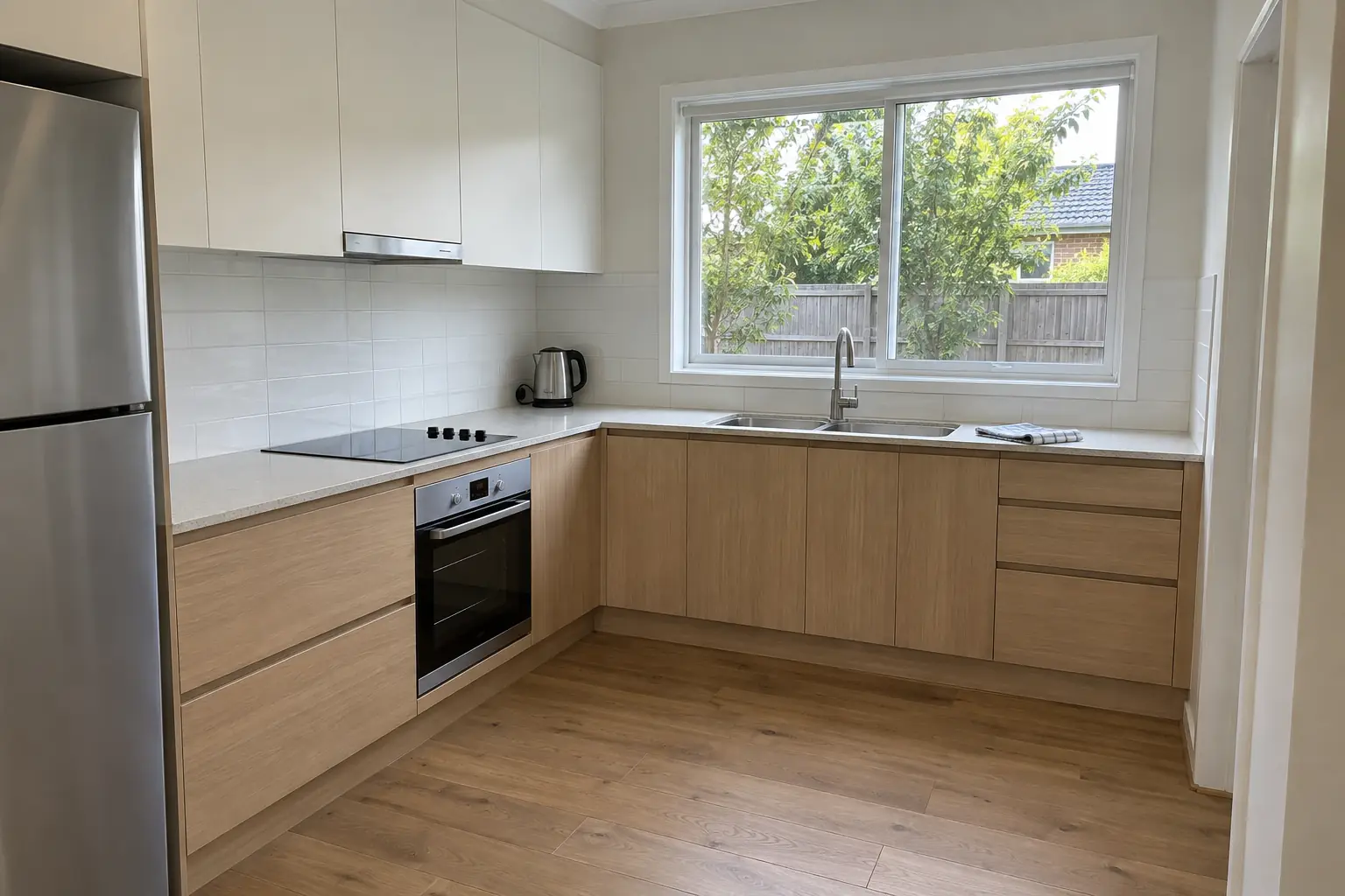 AI-generated kitchen redesign concept with oak base cabinets and white upper cabinets.