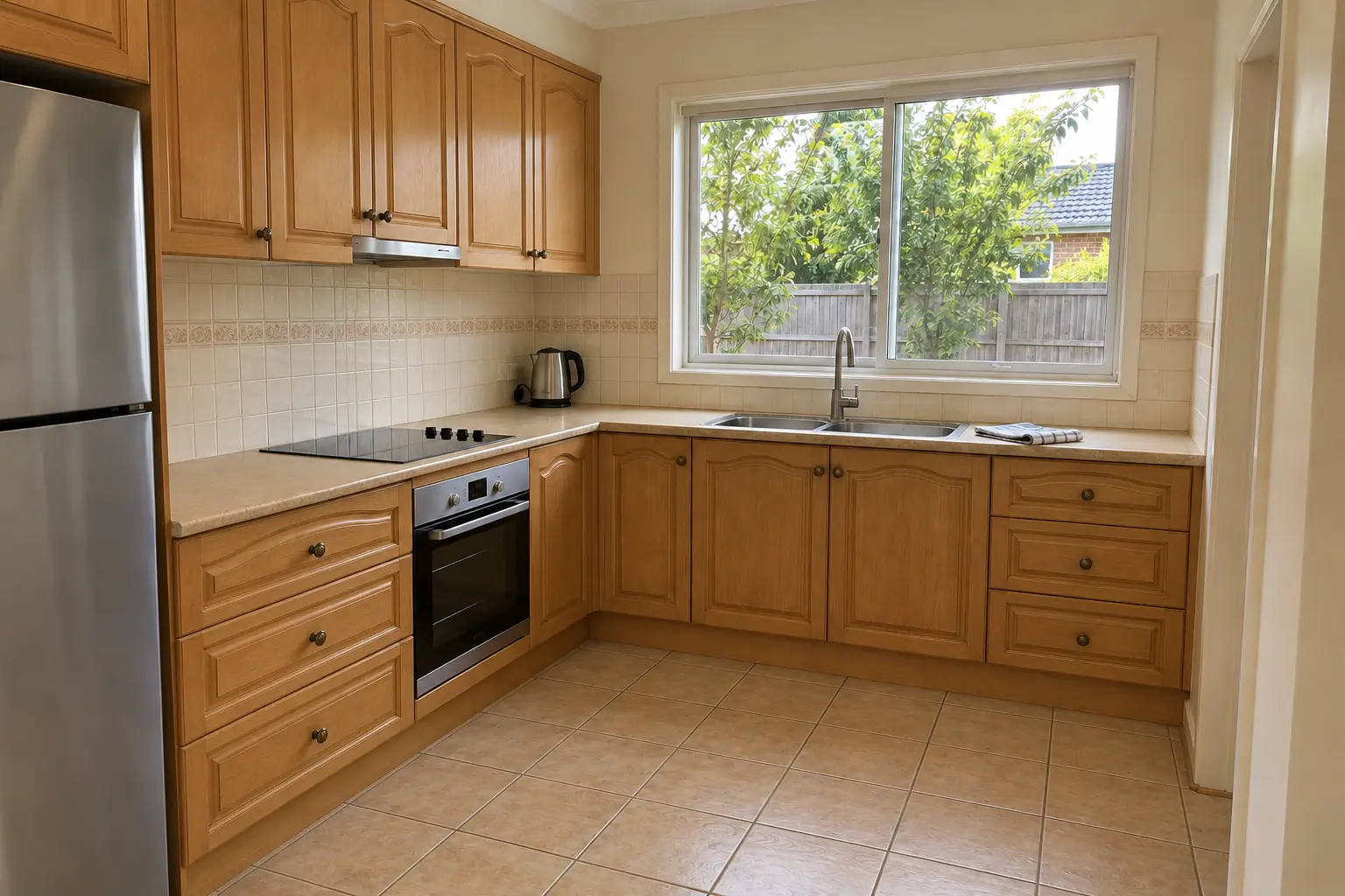 AI-generated older kitchen concept with honey-coloured cabinets and beige floor tiles.